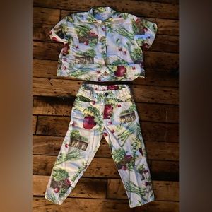 Catamini Made in France Kids Pants/Shirt Outfit 100% Cotton Garden print. Sz 3-5